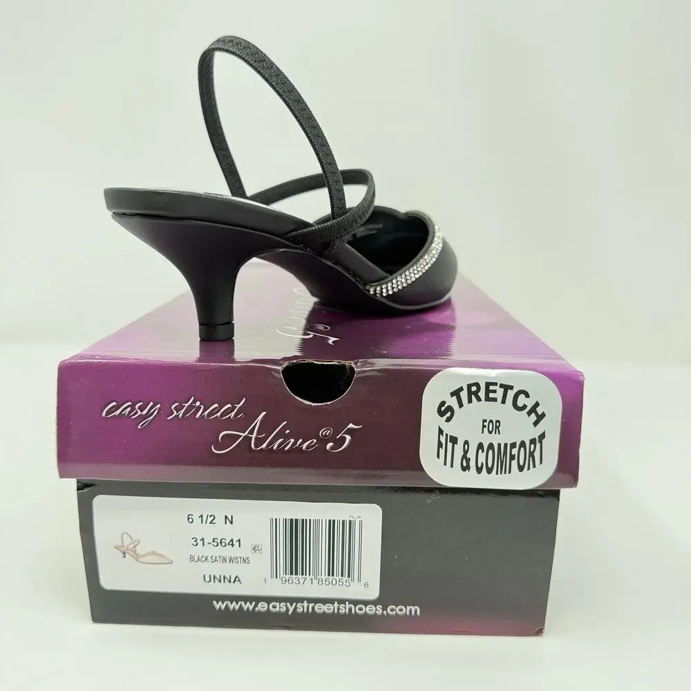 Easy Street Unna Slingback Pumps Black Satin Rhinestone Kitten Heel Women’s 6.5N